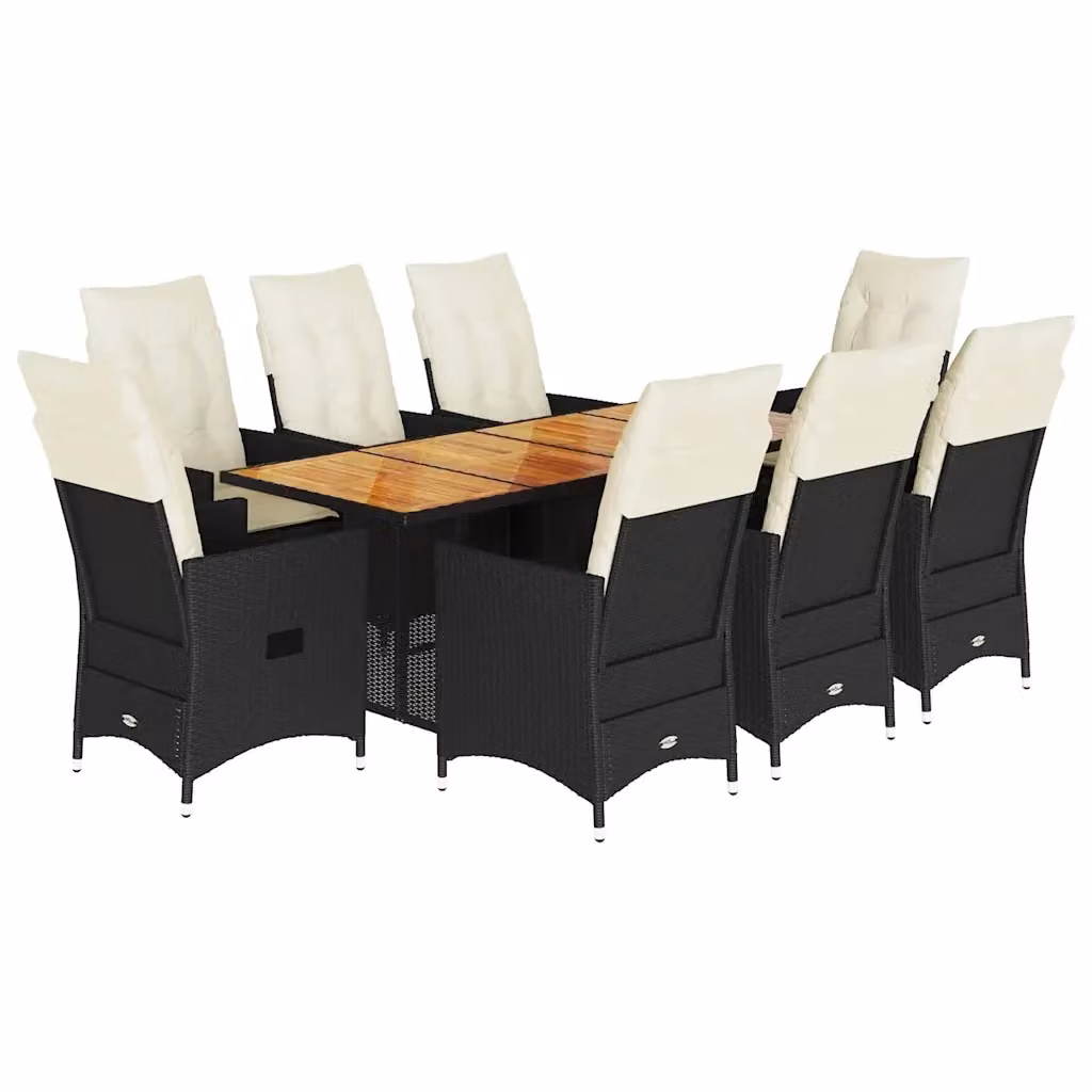 Set da pranzo da giardino vidaXL in polyrattan e legno di acacia con 9 pezzi e cuscini nero e bianco – 2