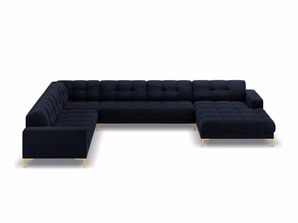 Divano panoramico Bali Cosmopolitan Design a 7 posti in velluto blu scuro con dettagli oro e struttura in metallo, configurazione a L con lato sinistro – 2