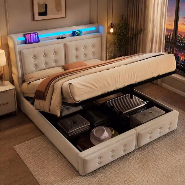 Letto 160x200 cm con contenitore, LED, prese USB e USB-C in cotone e lino beige