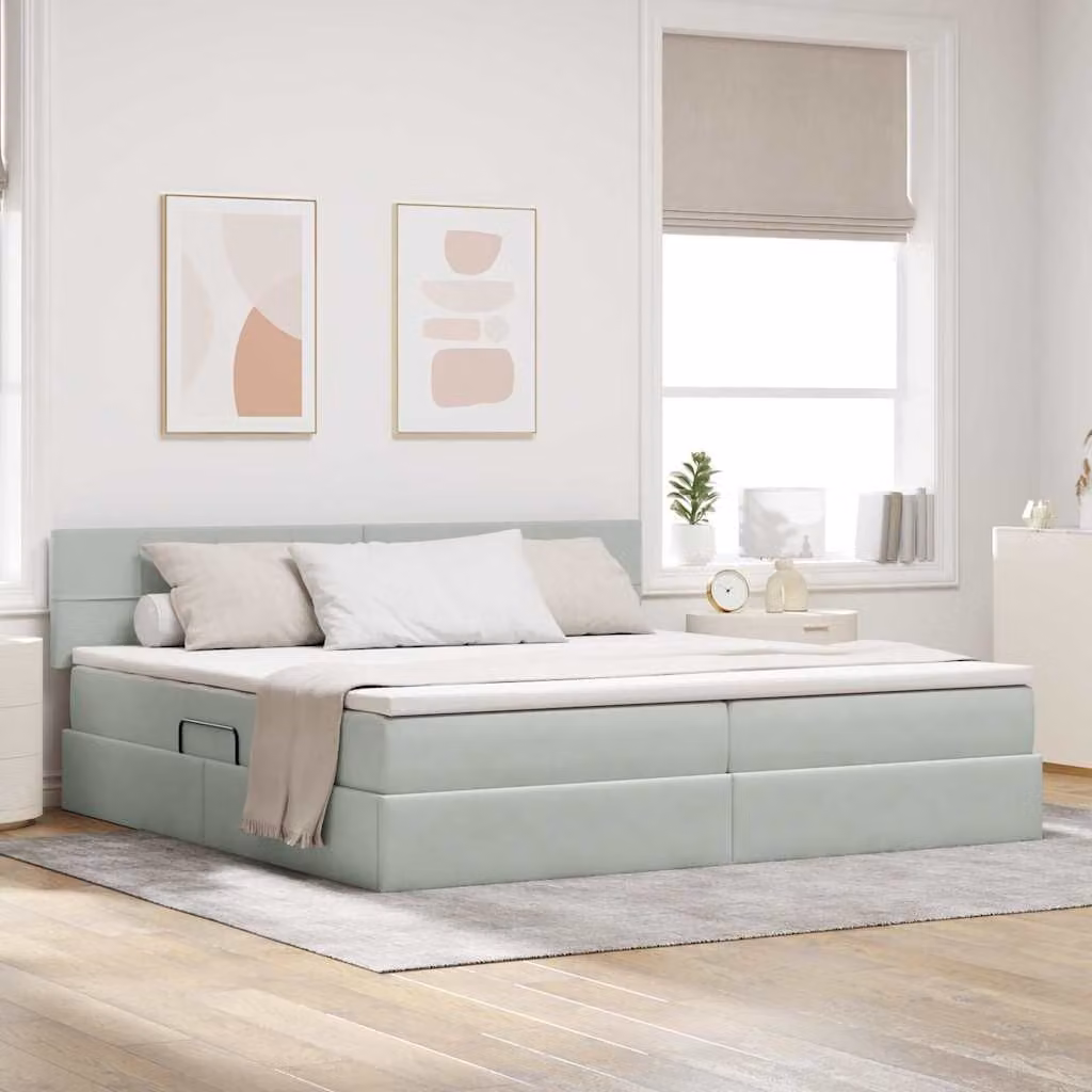 Letto con contenitore e illuminazione LED vidaXL, rivestimento in velluto grigio, L/P/H: 200 x 200 x 204 cm