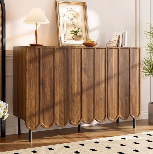 Sideboard moderno in MDF con ante a onda e ripiani regolabili, finitura opaca marrone e nero, L 120 cm x P 35 cm x H 80 cm