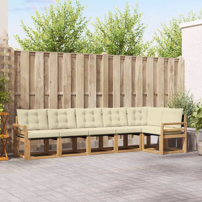 Set di divani da esterno vidaXL a forma di L composto da 6 pezzi in legno di acacia con cuscini in tessuto textilene, colori bianco, beige e marrone
