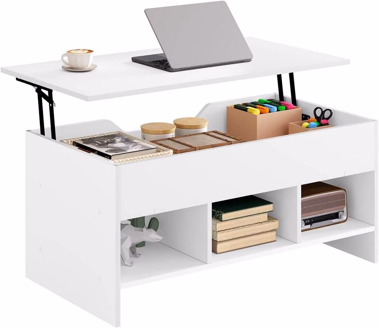 Tavolino con piano sollevabile e spazio contenitore | Bianco | 96x51x45 cm
