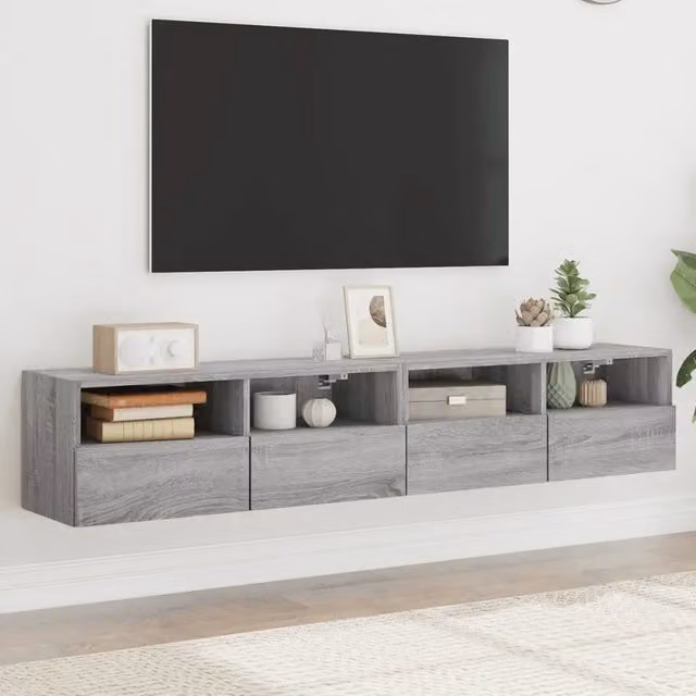 Set di 2 mobili TV da parete vidaXL in legno multistrato grigio, design moderno per soggiorno, L 80 cm x P 30 cm x H 30 cm – 1