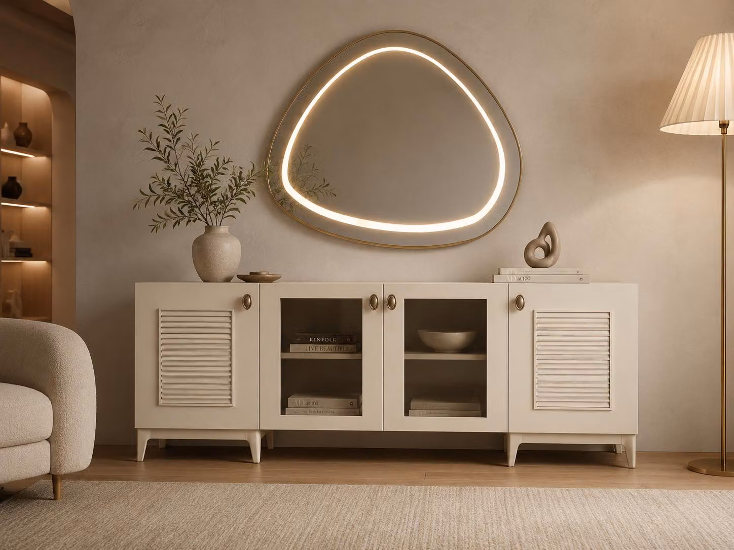 Set per sala da pranzo, credenza, specchio, beige, confortevole, spazioso, elegante