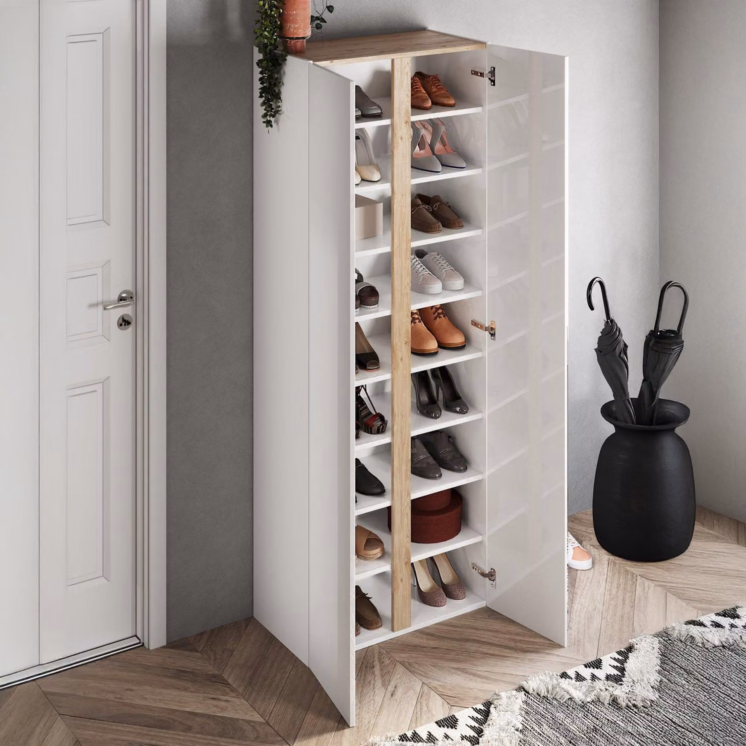 Dmora Armadio Multiuso 2 Ante Gradoli 70x185h cm Bianco Lucido, 8 Ripiani Cassetti