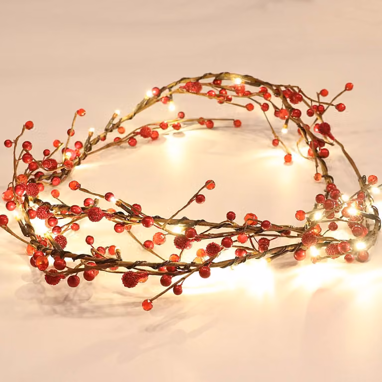 2 catene luminose a forma di bacche rosse, lunghezza 1,8 metri, 30 LED, con timer, luce bianco caldo