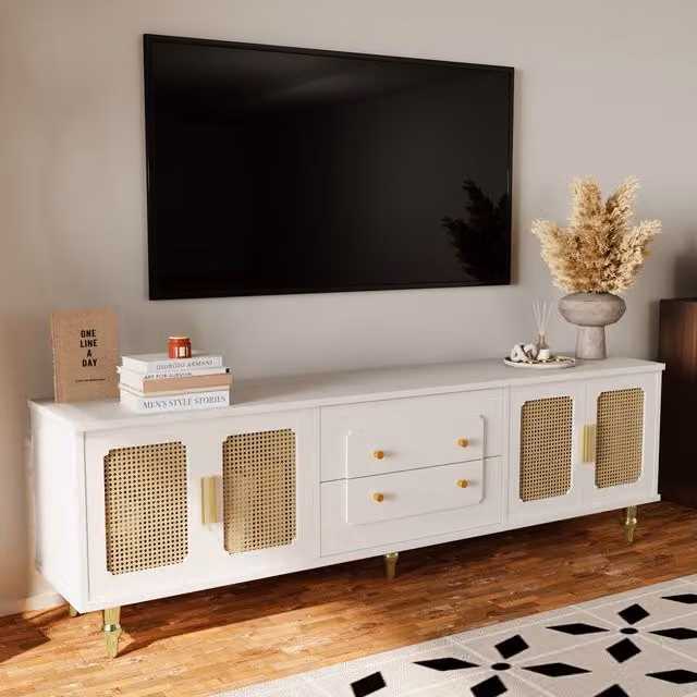 Mobiletto Porta TV Retro GL Store Bianco con Porte in Rattan e Gambe in Metallo, L 175 cm x P 38 cm x H 55,5 cm – 1