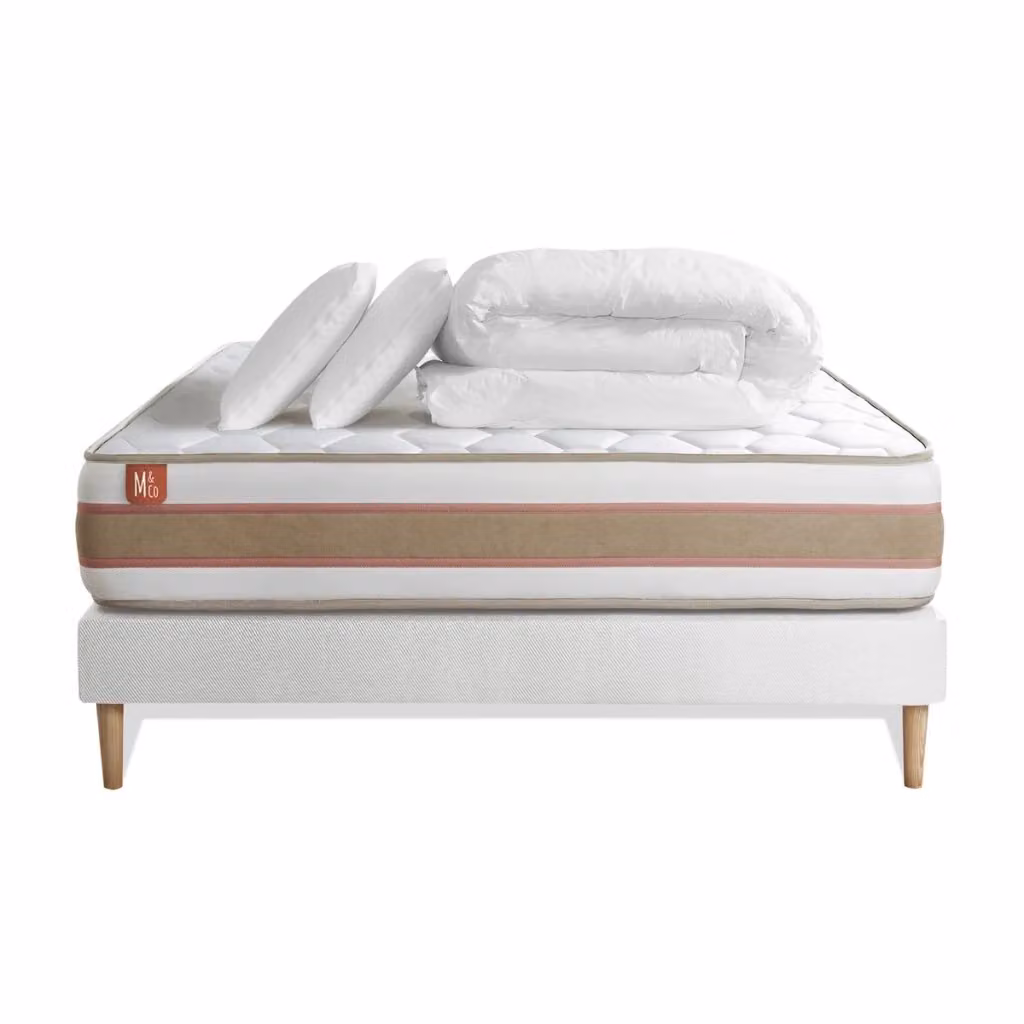 Pacchetto letto completo Le Délicat Marmottes Co bianco con materasso a molle pocket, box spring con doghe, 2 cuscini e piumino L/P: 200 x 200 cm – 2