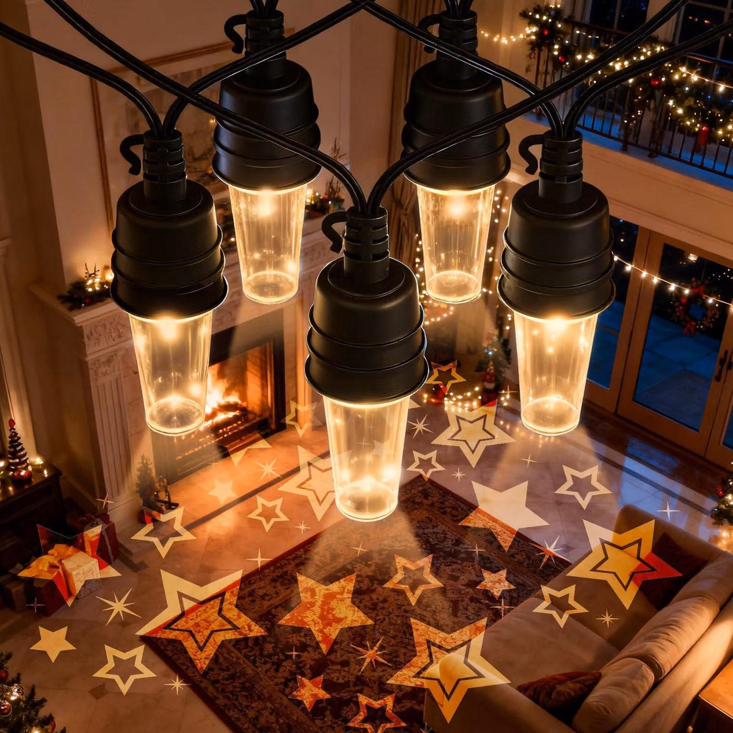 Catena luminosa a LED, 10 metri, grado di protezione IP65, 10 lampadine, luce bianco caldo, con proiezione di stelle