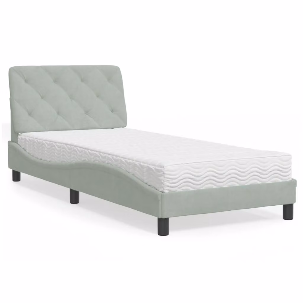 Letto con Materasso vidaXL in Velluto Grigio e Bianco, Dimensioni: 90 x 190 cm