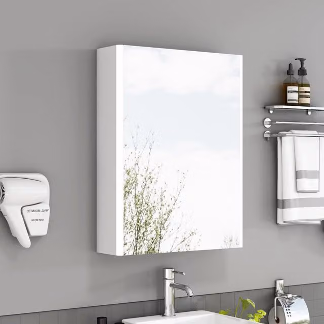 Armadietto a specchio da bagno con LED e presa francese 1 anta da parete in MDF e vetro bianco 57 × 20 × 74 cm