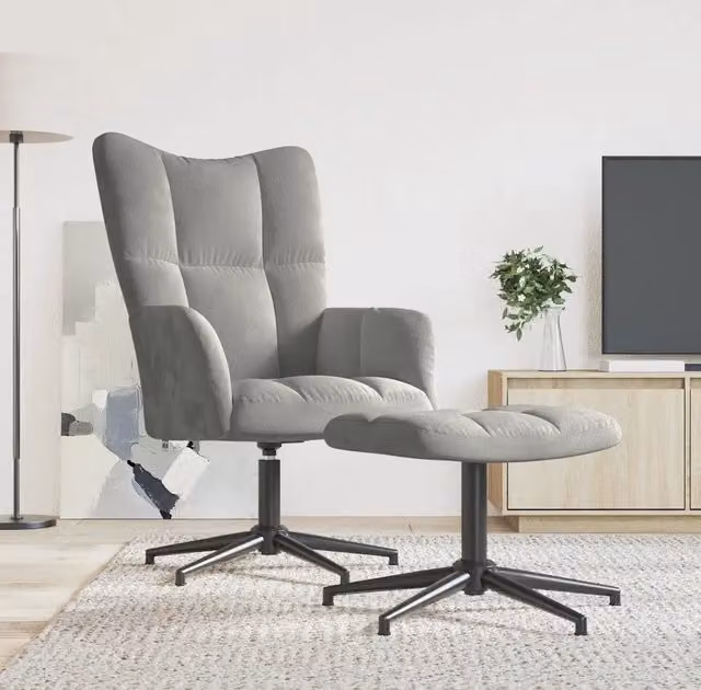 Poltrona Relax con Poggiapiedi vidaXL in Velluto Grigio con Struttura in Metallo e Sedia Girevole a 360 Gradi – 1