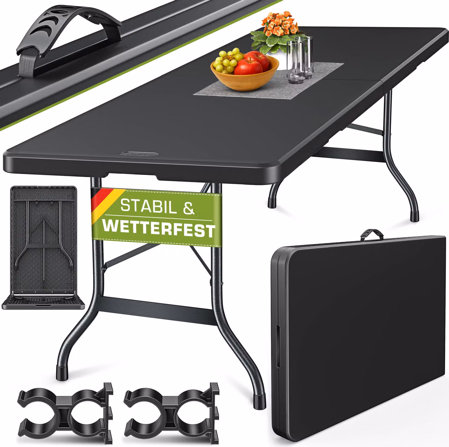 tillvex tavolo da giardino 180x75cm nero pieghevole in plastica | tavolo da buffet con maniglia di trasporto | tavolo pieghevole per giardino, terrazza e balcone | tavolo da campeggio 6 persone