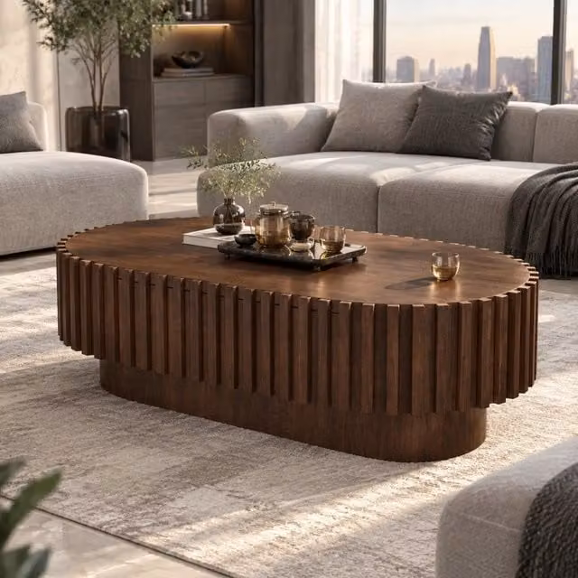 Tavolino da salotto ovale 100x50 cm con cassetto in MDF effetto noce HAVRYA