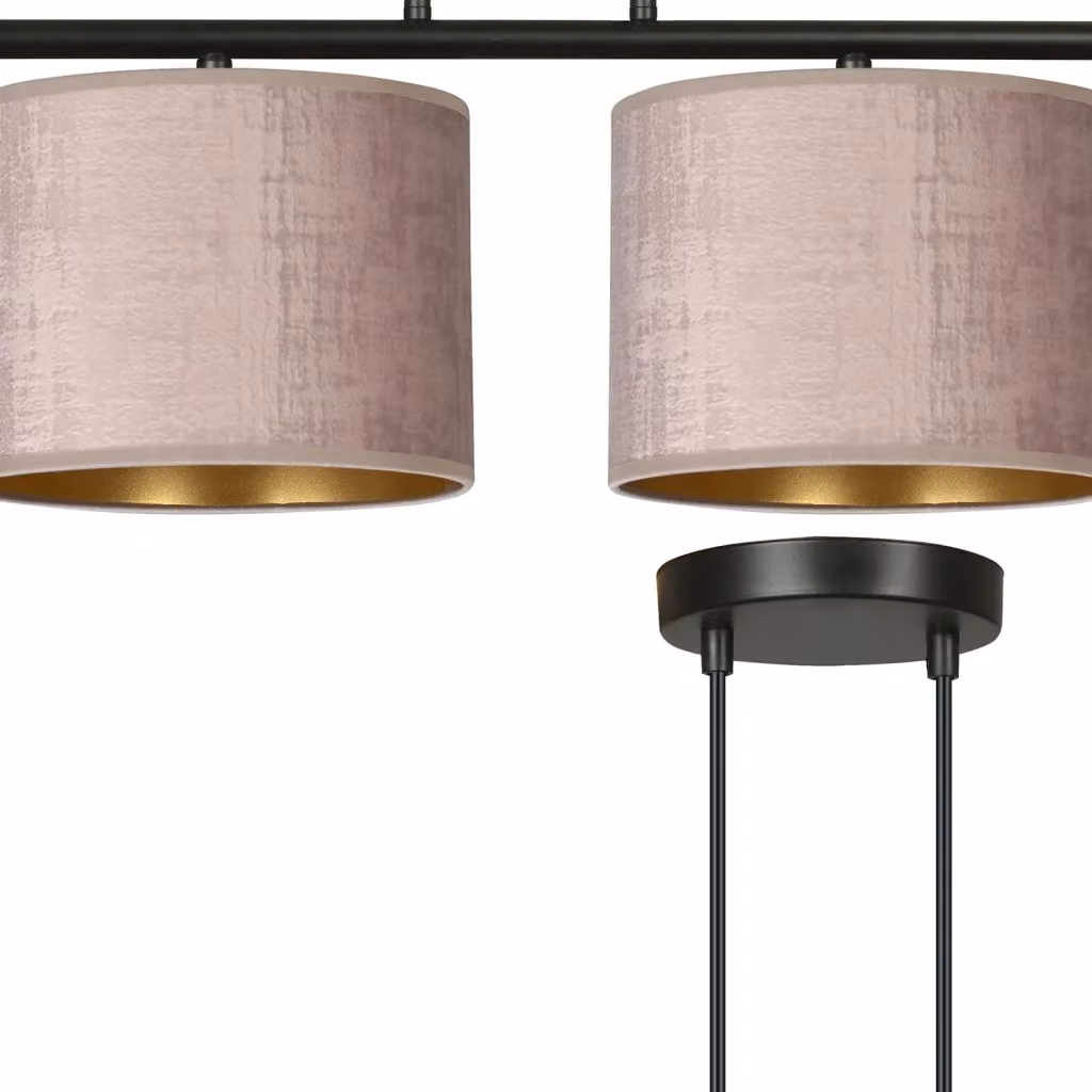 Lampadario a sospensione Vinayaka Luceart-Classic con 4 luci in metallo nero, finiture oro e paralumi in tessuto rosa cilindrico con altezza regolabile – 2