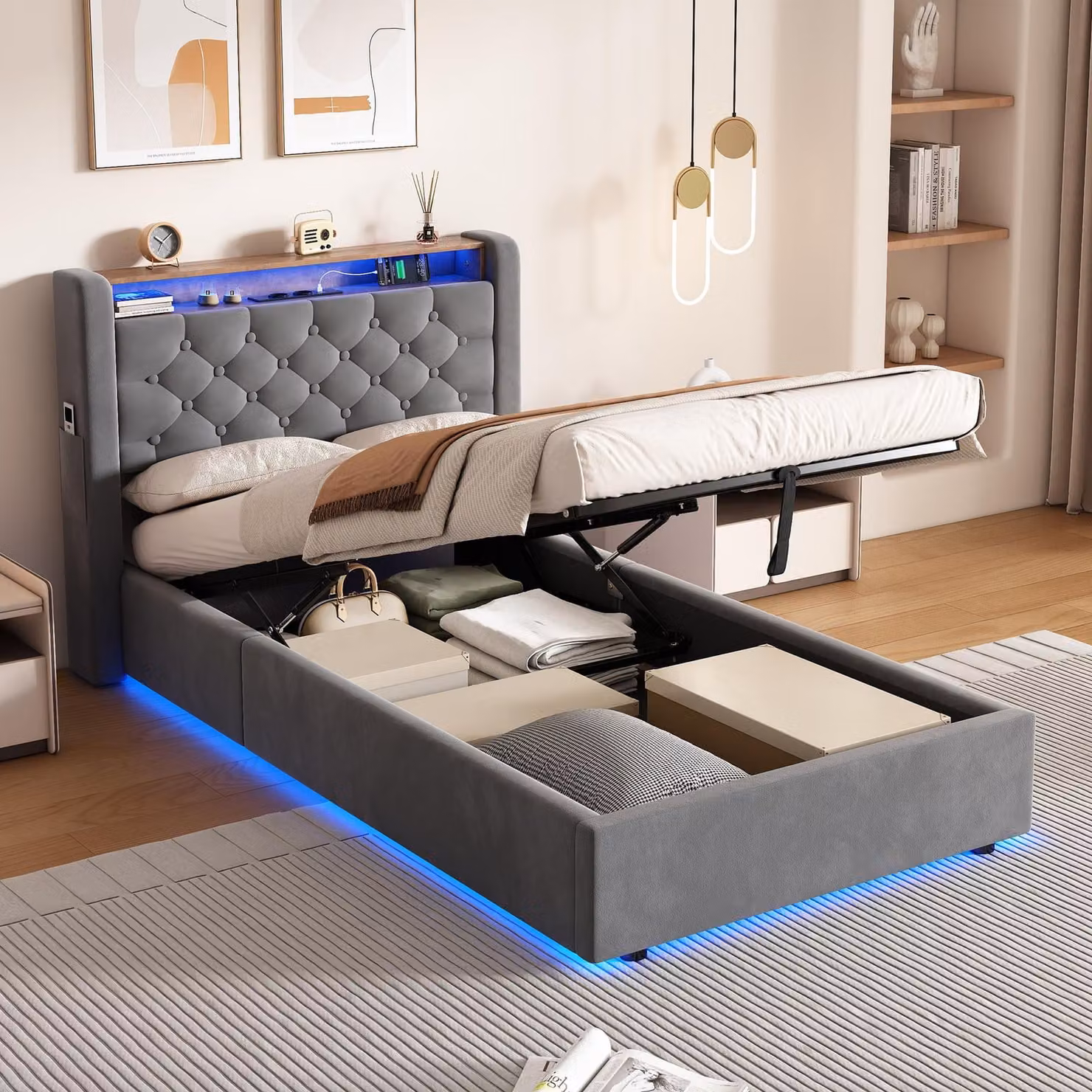 Letto imbottito MODFU 90x200 con materasso e contenitore, letto per ragazzi con testiera, luci LED e presa elettrica, grigio scuro