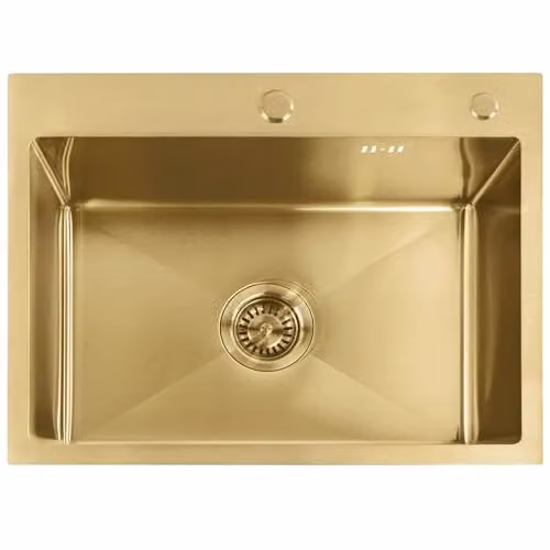 Rea - Lavello Da Cucina In Acciaio, Liam + Rubinetto Della Cucina Fresh Oro Spazzolato, Oro Spazzolato 58X45X18,5cm
