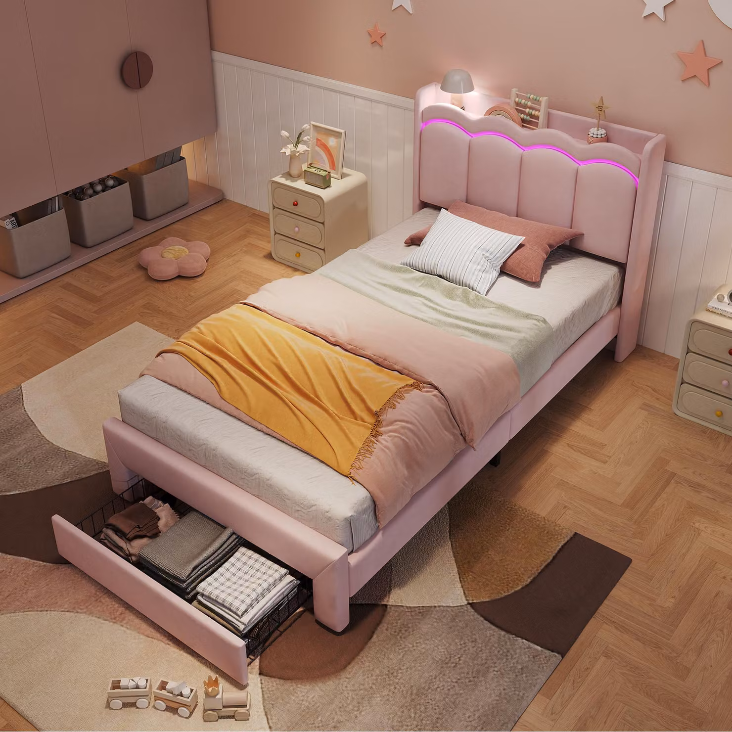 Letto imbottito Flieks, 90 x 200 cm, con testiera, letto singolo con cassetti, lettino per bambini con superficie di appoggio e illuminazione a LED, colore rosa, materiale: velluto + compensato + MDF