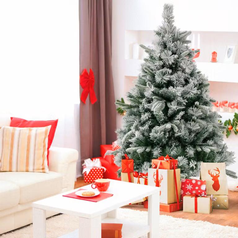 Albero di Natale artificiale flockato Costway con 150 luci LED bianco caldo, 384 punte di ramo miste, Altezza: 136 cm