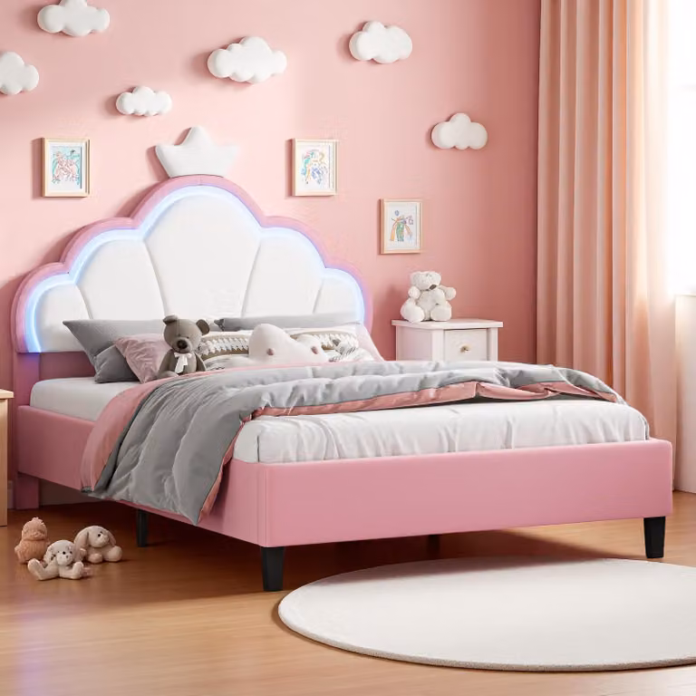 Letto imbottito UnboxG 140x190 cm con rete a doghe, letto per bambini con testiera a forma di , letto per adolescenti con rivestimento in ecopelle, letto a forma di principessa, letto in legno, tessuto in velluto, colore rosa