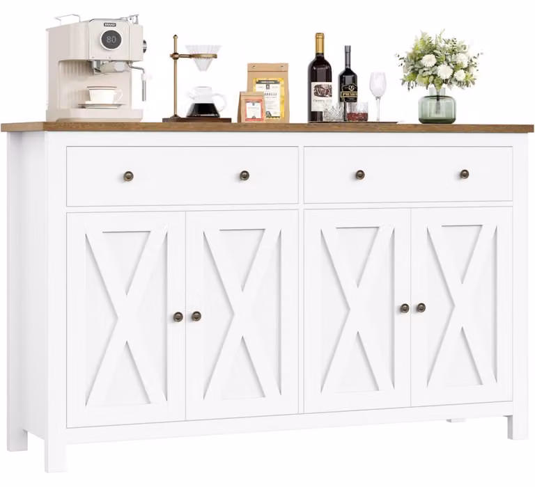 Mobile contenitore da 140 cm di larghezza per la cucina, con 2 cassetti e 4 ante, colore bianco, dimensioni 140x89x40 cm