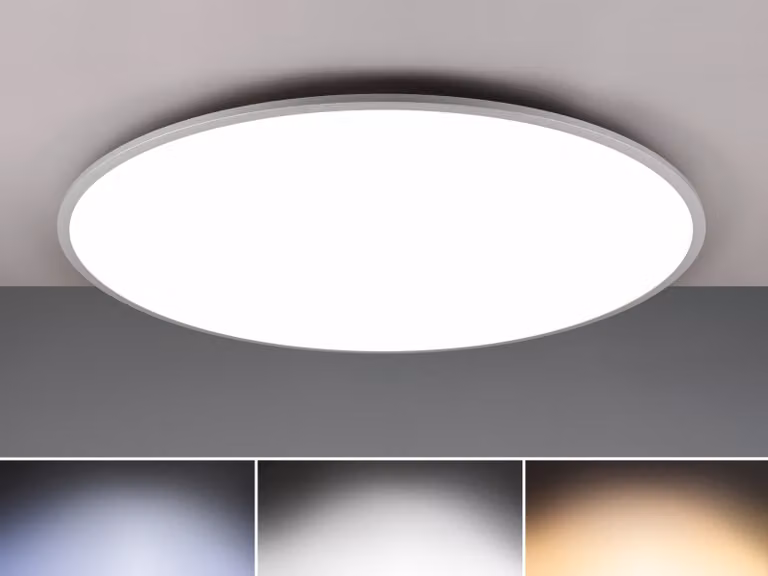 Plafoniera LED rotonda con telecomando YUMA argento-bianca 53W Tonalità di bianco 6700 lm metallo dim.: 5x100x100 cm IP20 Trio