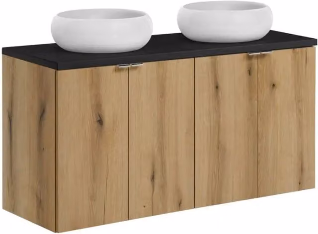 Set VANO effetto quercia e nero 120cm: mobile sottolavabo con ante + piano per lavabo + lavabi da appoggio rotondi bianchi