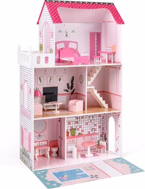 Casa delle bambole in legno rosa con 17 pezzi di mobili e accessori per il gioco creativo L/P/H: 120,5 x 74,5 x 34,0 cm