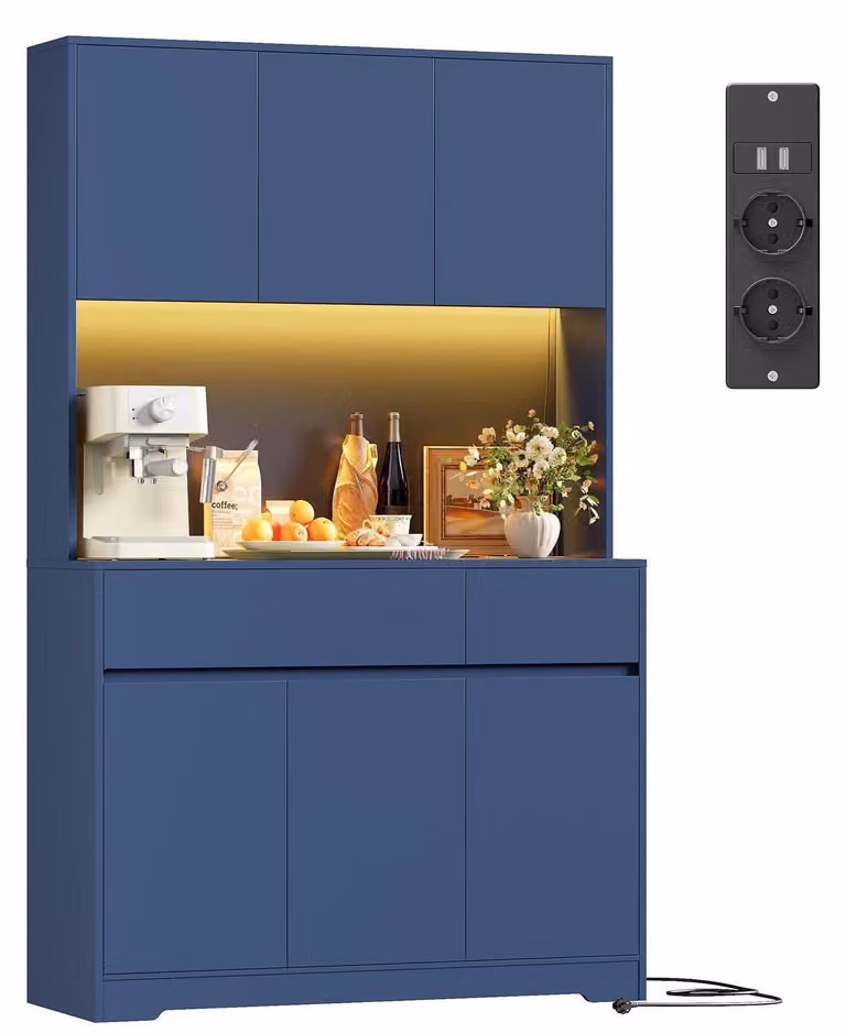 Mobiletto da cucina/credenza con illuminazione a LED e presa di corrente, dimensioni 180x100x38,5 cm, colore blu