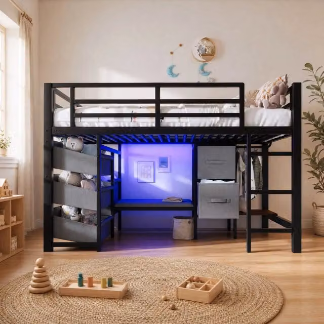 Letto a mezza altezza 90x200 cm in metallo nero con LED; cassetti e tasche in tessuto