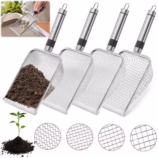 Set di 4 setacci in acciaio inossidabile (304) della marca Unyqoos®, con aperture da 2 / 2,8 / 3,8 / 5 mm, ideali per la cura del giardino e degli animali domestici, dotati di manico antiscivolo