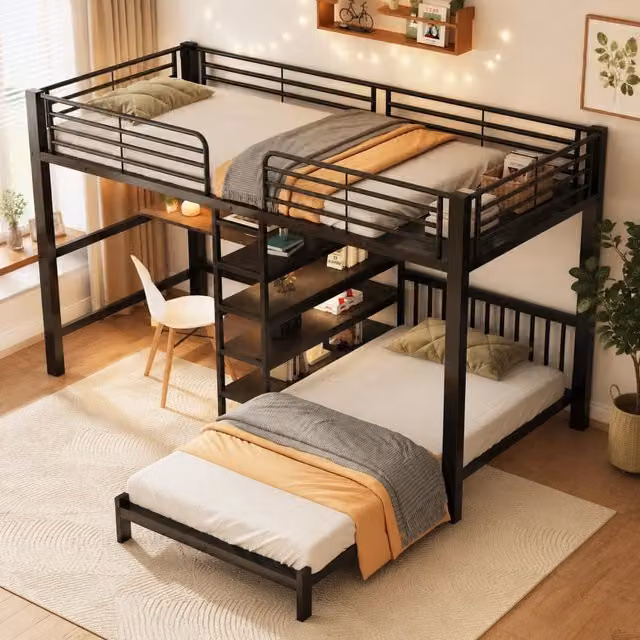 Letto a castello doppio in ferro 90x200 cm con scrivania, prese USB e Type-C, mensole e ripiani, nero