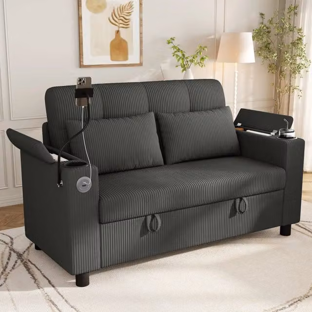 Divano 2 posti 136.5x79.5x83.6 cm con vano contenitore; porte USB e Type-C in velluto a coste grigio