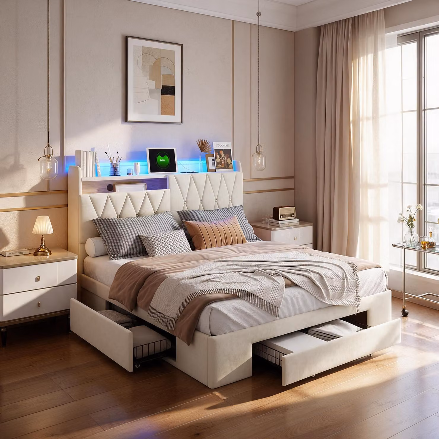 Letto imbottito INONEFT, 140x190 cm, con LED e USB, letto a una piazza o a due piazze con 3 cassetti e spazio contenitivo nella testiera, struttura del letto con rete a doghe, tessuto velluto, colore beige