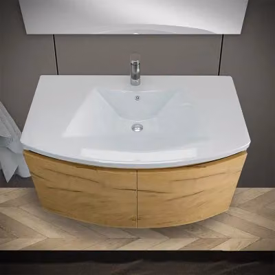 Mobile bagno sospeso d'angolo INBAGNO moderno con ante a battente soft close, colore bianco oro e marrone – 2