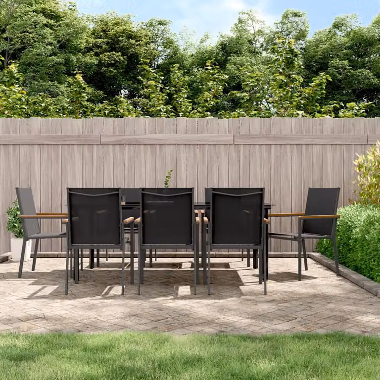 Set da pranzo da giardino vidaXL in 9 pezzi nero con tavolo in vetro e sedie in acciaio e textilene