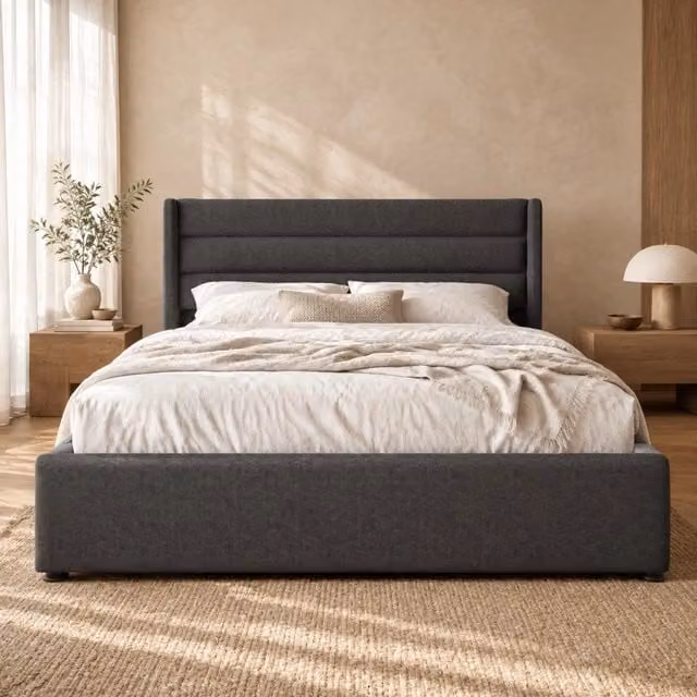 Letto contenitore 140x200 cm grigio in lino, rete a doghe sollevabile, senza materasso