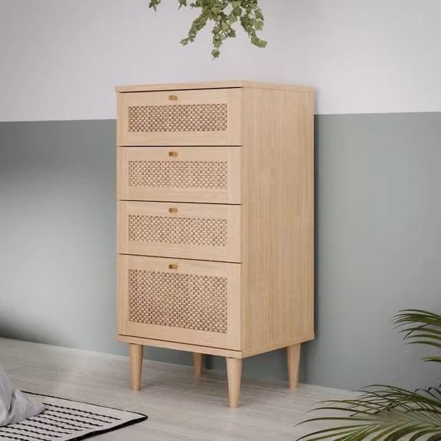 Cassettiera Livia Veriaffari in rovere con dettagli effetto rattan, colore beige e marrone, L 50.4 cm, P 41.4 cm, H 108.9 cm