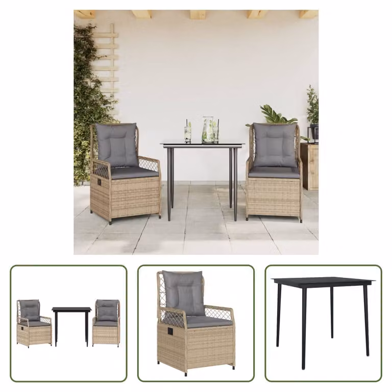 The Living Store Set da pranzo da giardino 3 pezzi con cuscini Beige poly rattan