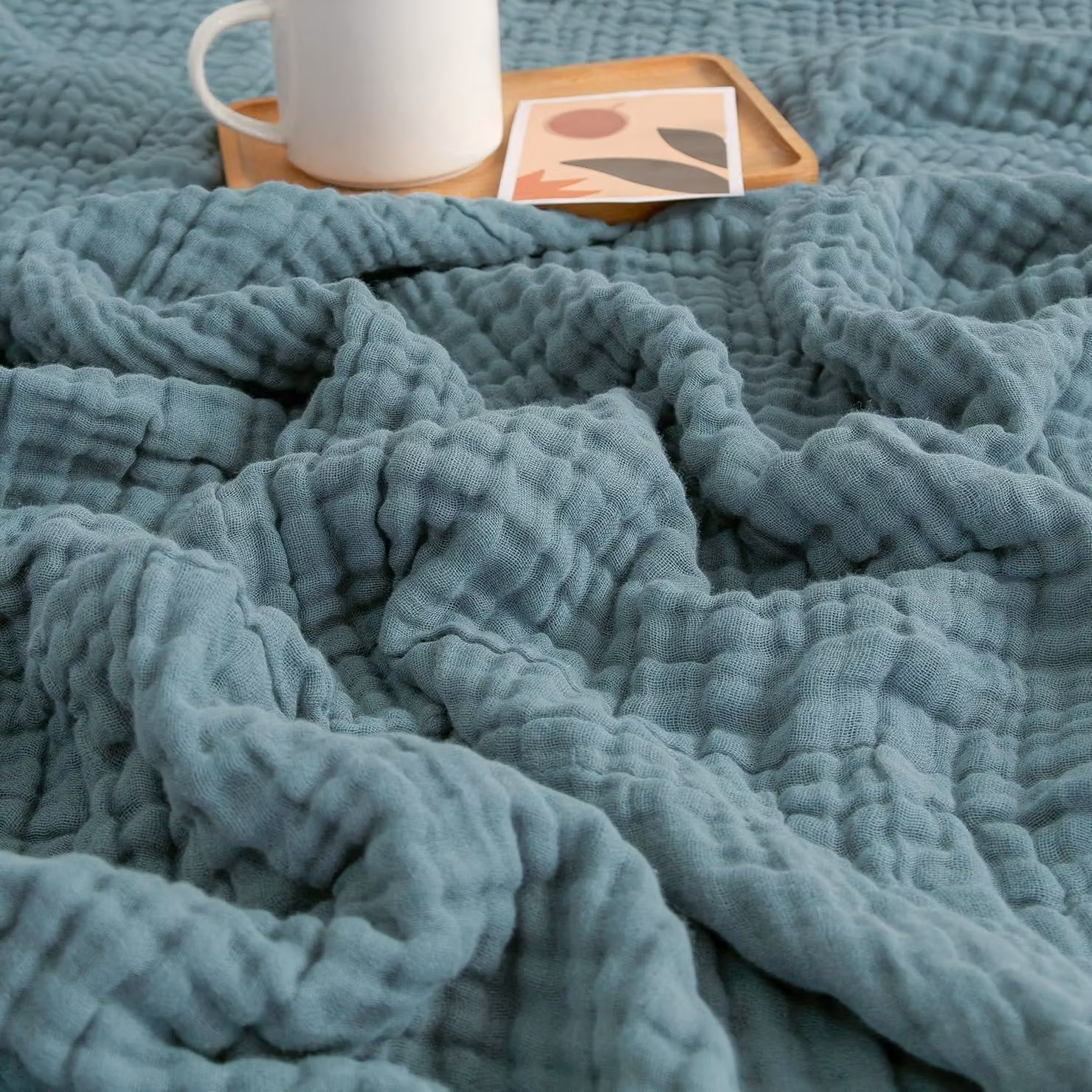 Coperta estiva in mussola, 100% cotone, colore blu-verde, dimensioni 127 x 177 cm