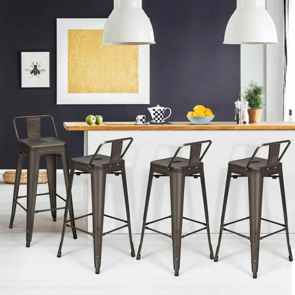 Set di 4 Sgabelli da Bar Costway in Metallo Marrone Impilabili con Schienale e Poggiapiedi per Cucina e Sala da Pranzo, Altezza: 94 cm – 2