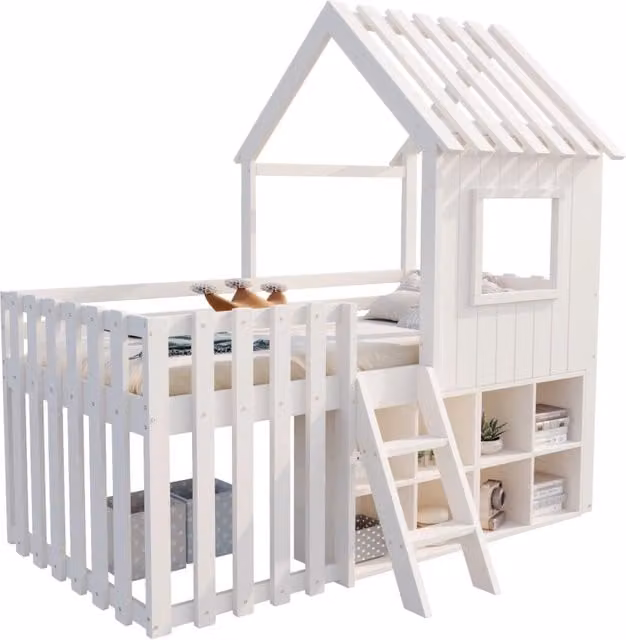 Letto a soppalco singolo in legno con casetta, finestra, spazio contenitore e scaletta, bianco, L/P/H: 201 x 90 x 170 cm – 1
