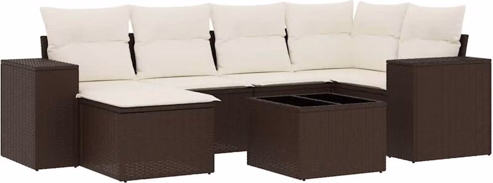 Set Divani da Giardino 7 pz con Cuscini Marrone in Polyrattan