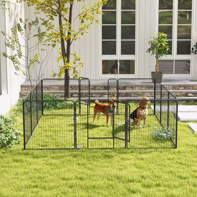 Area giochi configurabile per cani OKWISH con 12 pannelli e 2 porte pieghevoli in metallo grigio per interni ed esterni – 1