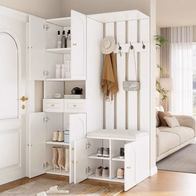 Mobile da ingresso con panca, 2 cassetti, 4 ganci e 6 ante, bianco, 110 × 37 × 180 cm