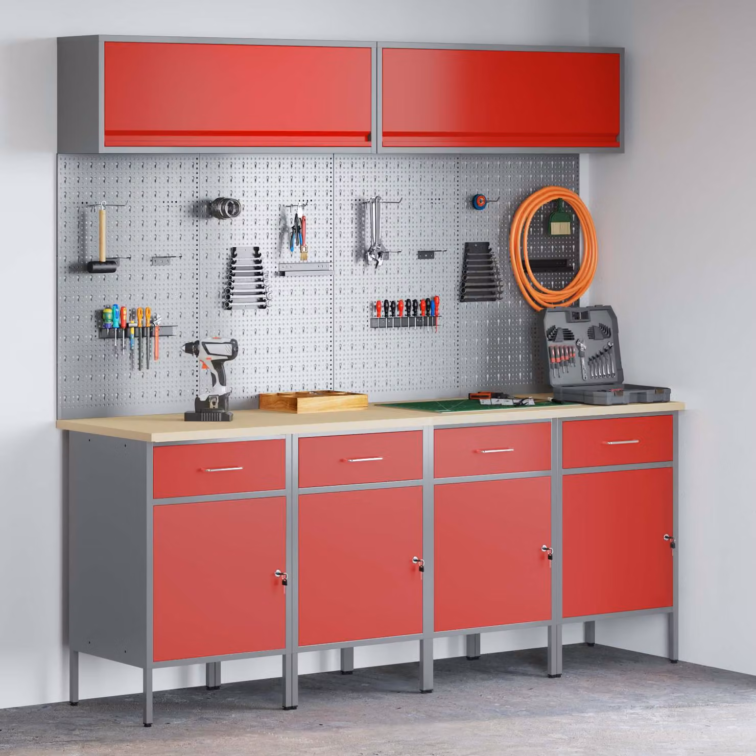 Set di mobili da lavoro vidaXL 10 pezzi in acciaio e legno con cassetto bloccabile, Rosso