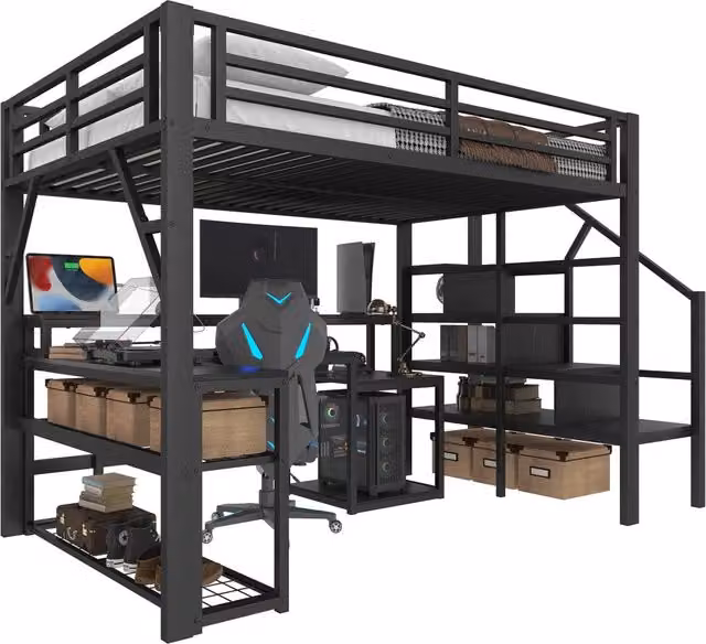 Letto a soppalco REDOM in metallo e MDF nero con scrivania, illuminazione LED, porta USB e scomparti laterali L/P/H: 200 x 140 x 170 cm – 1