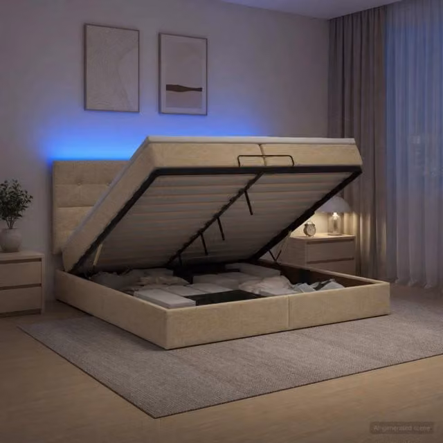 Letto Ottomano con Materasso Ibrido e Illuminazione LED vidaXL, Colore Beige e Bianco, L/P/H: 200 x 200 x 88 cm – 1