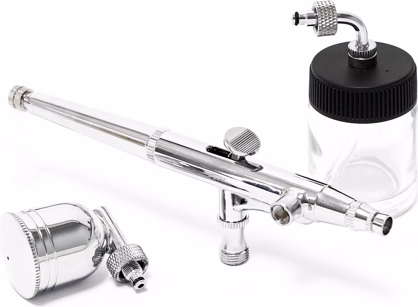 Pistola per aerografo Wiltec tipo 134 con funzione a doppia azione, ugello Ø 0,3 mm, 2 tazze di colore, pipetta, adattatore per modellismo, nail art ecc.